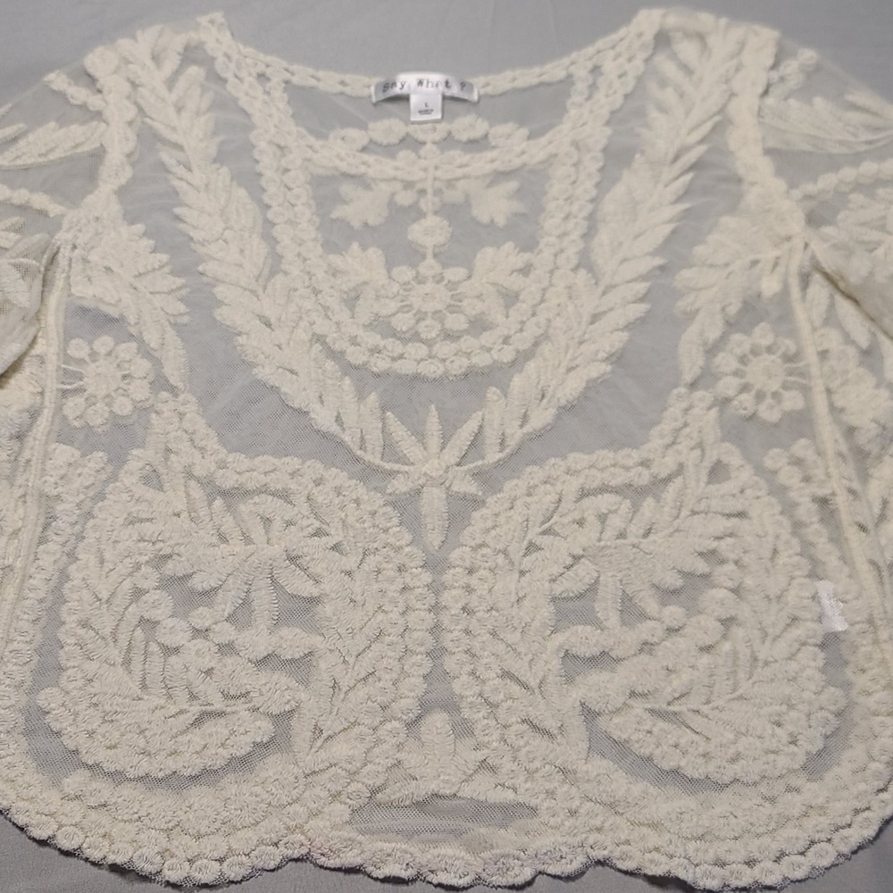 Say What? Embroidered Mesh Blouse Women Large White Sheer Lace Boho Top